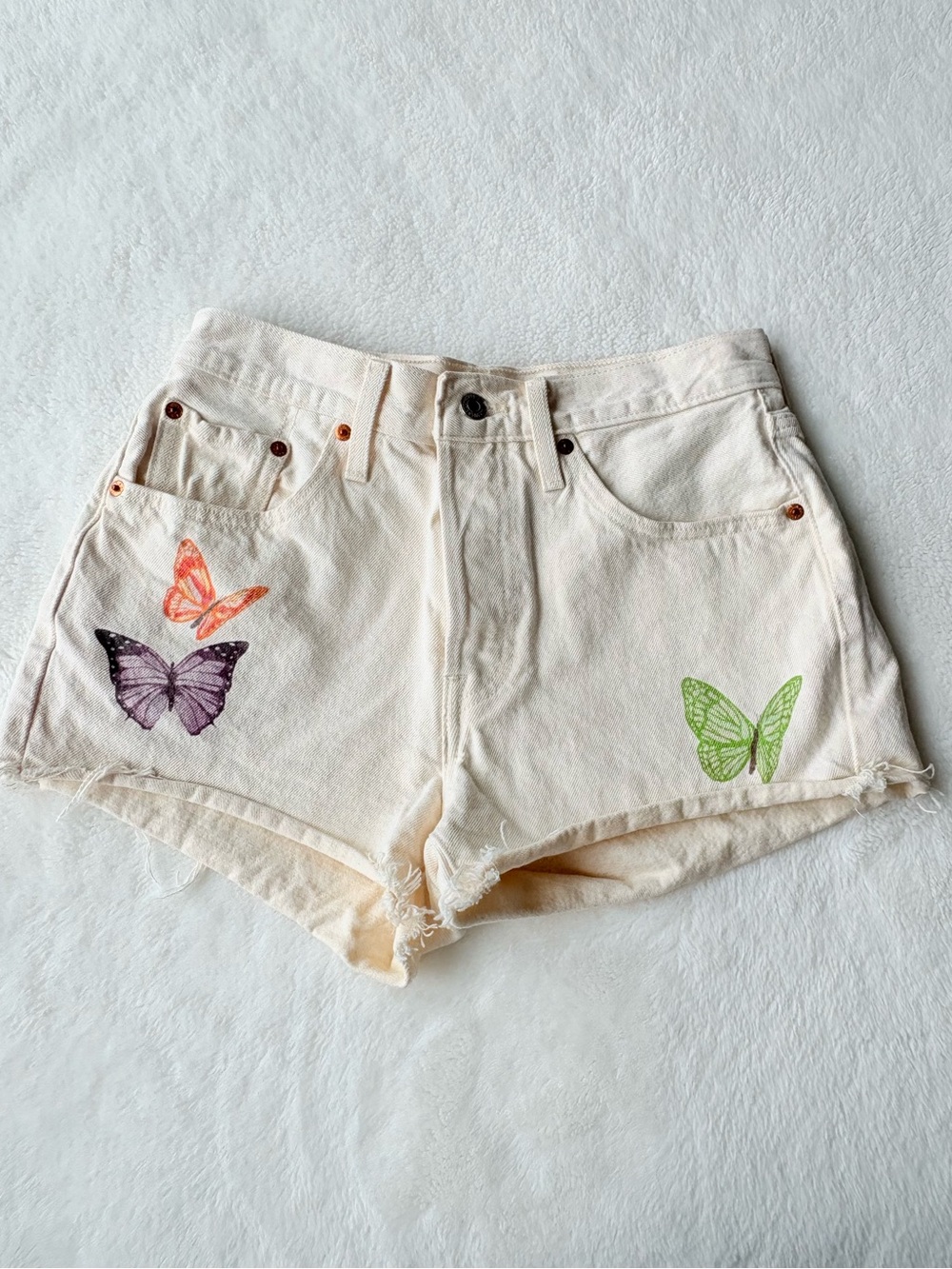 Levi's 501 Cream Denim Shorts with Colorful Butterfly Prints